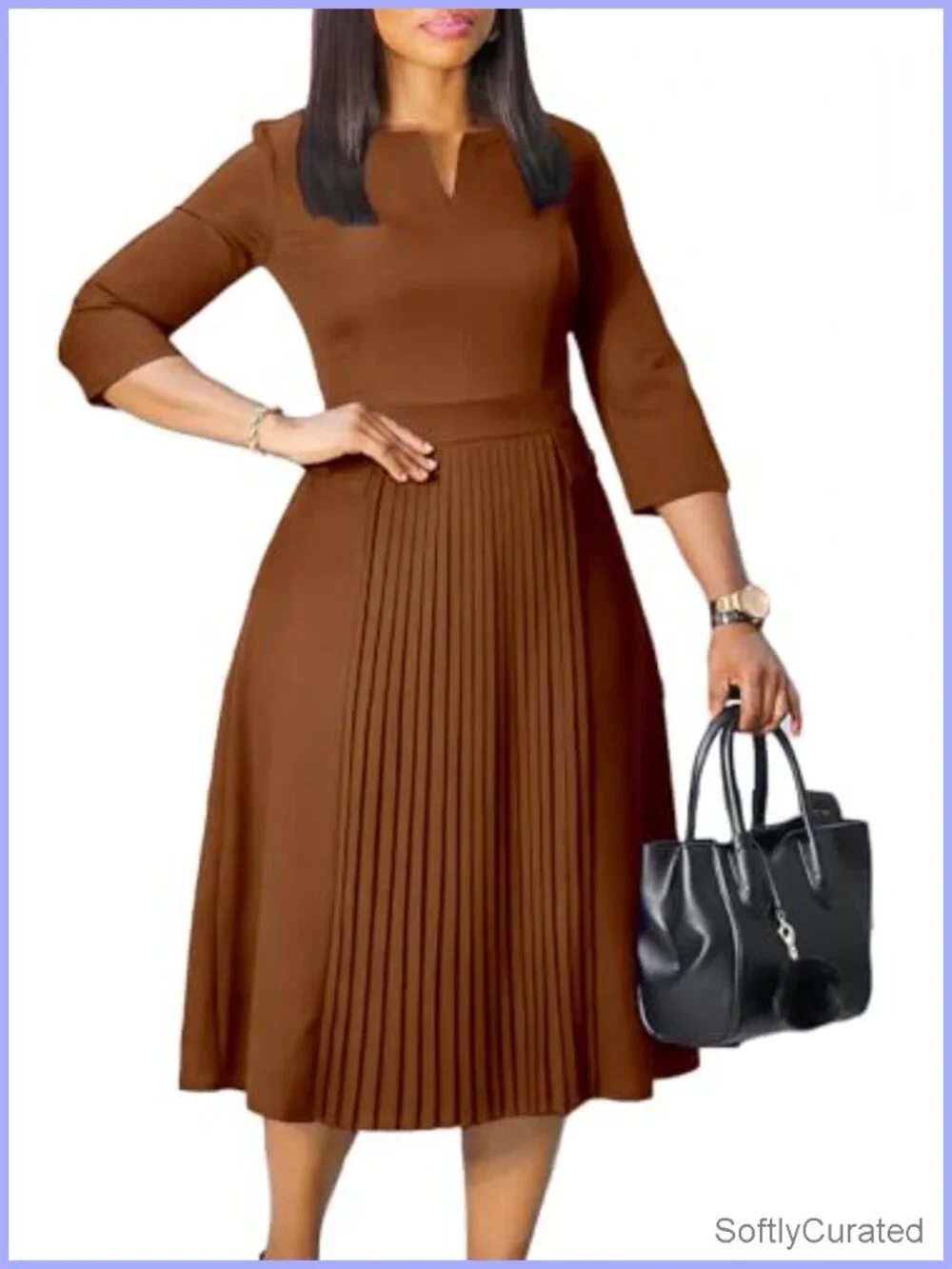 Wear to Work Midi Dress A-line 3/4 Sleeve V-Neck Business Casual